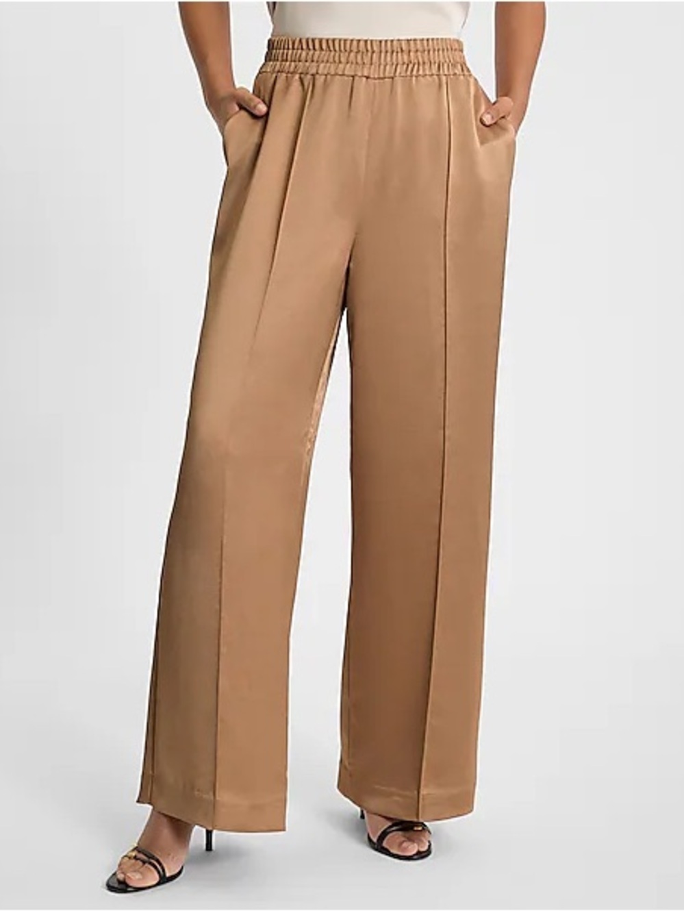 Wide-Leg Elastic-Waist Pants in Camel Brown/Tan